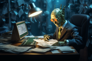 ulis6xo futuristic humanoid doing taxes in a surrealist office b7145503 3788 4508 a0e5 790406aa5858